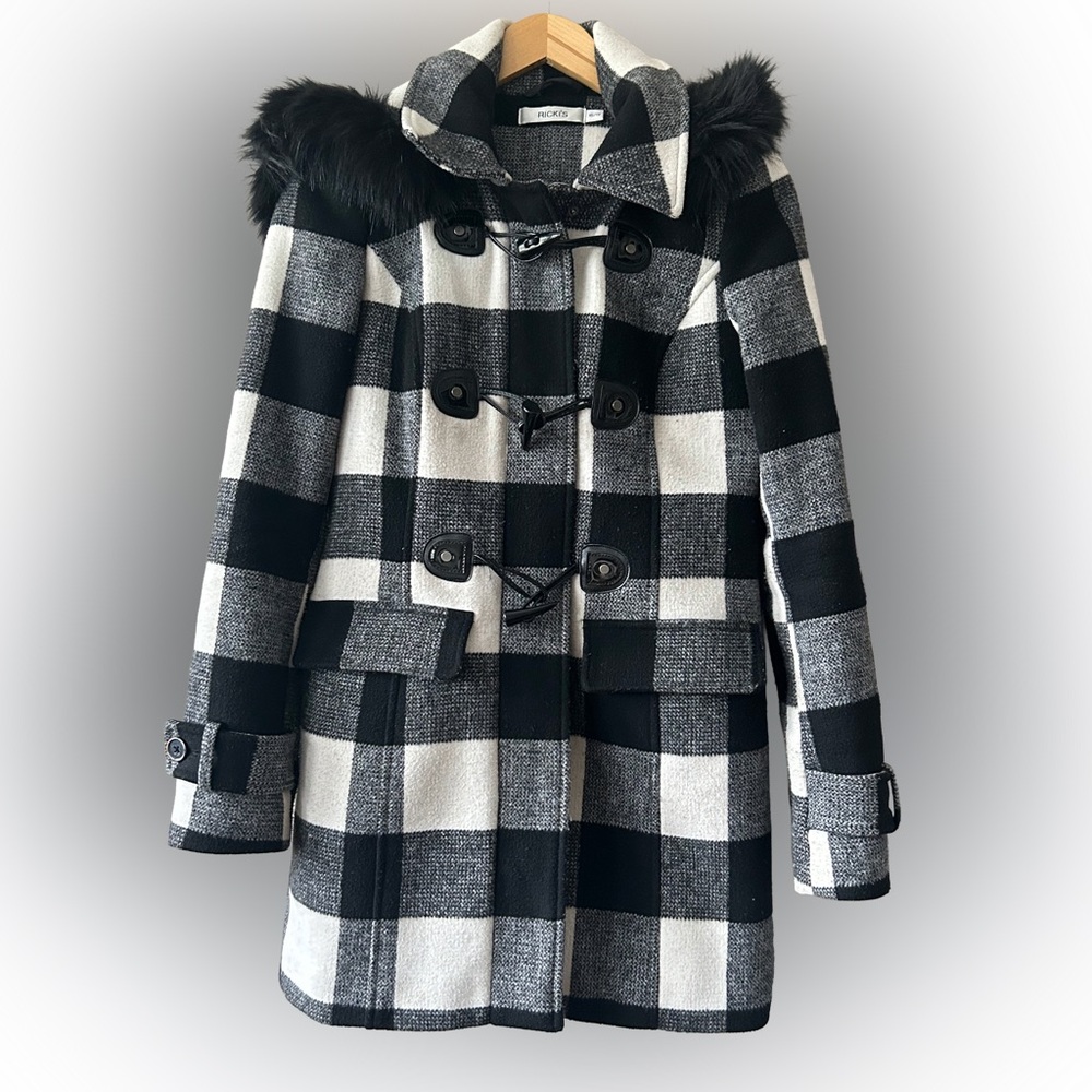 Ricki's Black & Off White Plaid Pea Coat with Faux Fur Hood Polyester/Wool blend